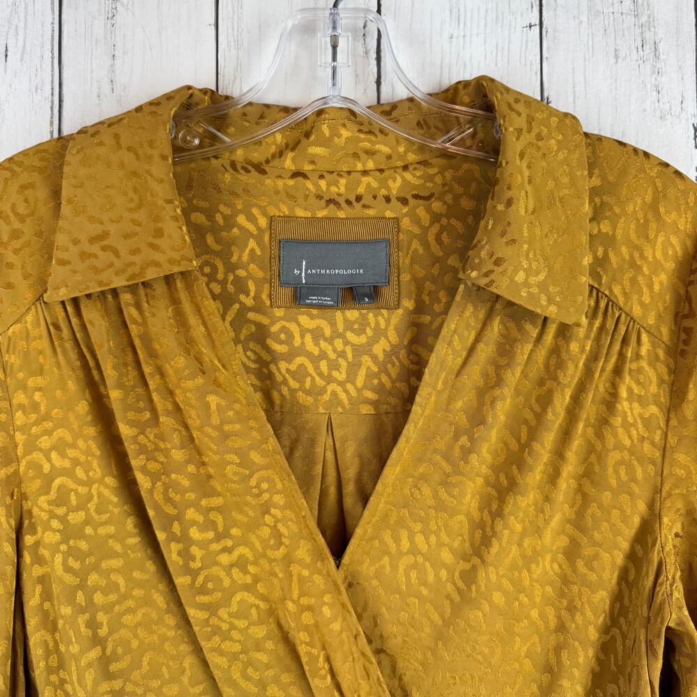 Anthropologie Yellow Gold Metallic Leopard Long Sleeve Mini Dress Size Small - Picture 6 of 15